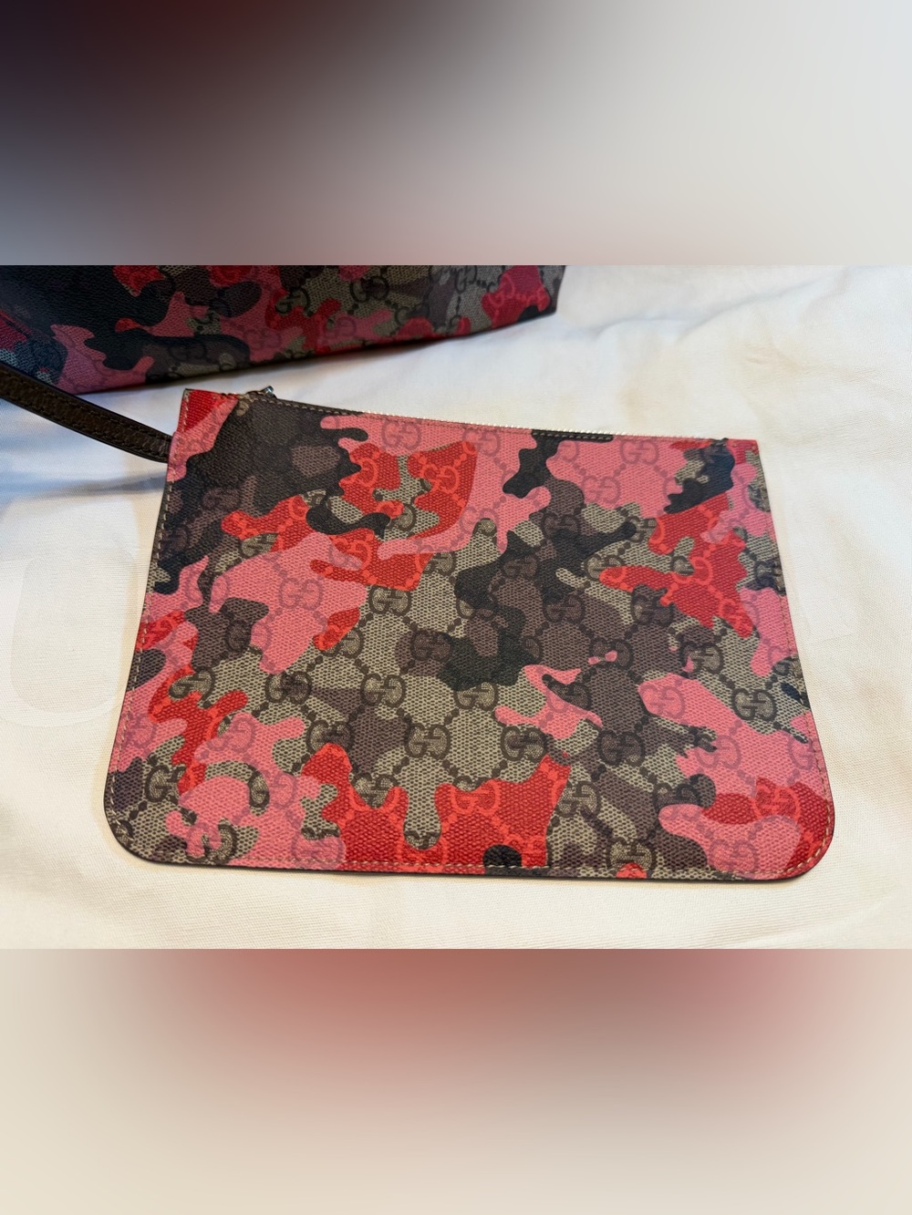 New Authentic Gucci GG Supreme Logo Floral Tote Large and Pouch Pink Brown - Picture 3 of 16
